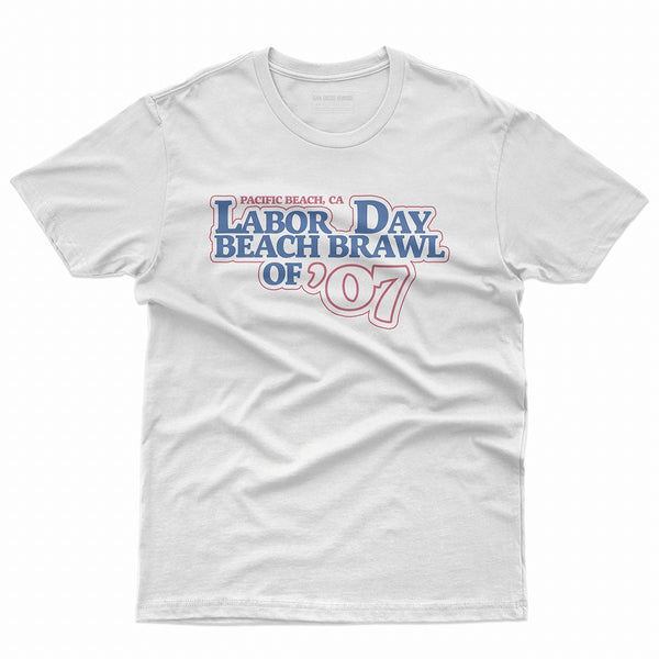 Labor Day Beach Brawl of 2007 T-Shirt White Front - Pacific Beach CA Retro Red Blue Text Graphic Unisex Tee | San Diego Humor