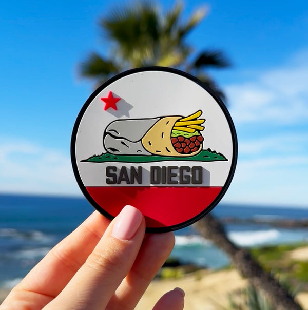 San Diego Burrito Flag 3-Inch PVC Patch - California Bear Burrito Flag Parody Round Rubber Velcro Sew-On Patch Beach Lifestyle Photo San Diego Souvenir | San Diego HumorSan Diego Burrito Flag 3-Inch PVC Patch Front - Round Velcro Patch | San Diego Humor