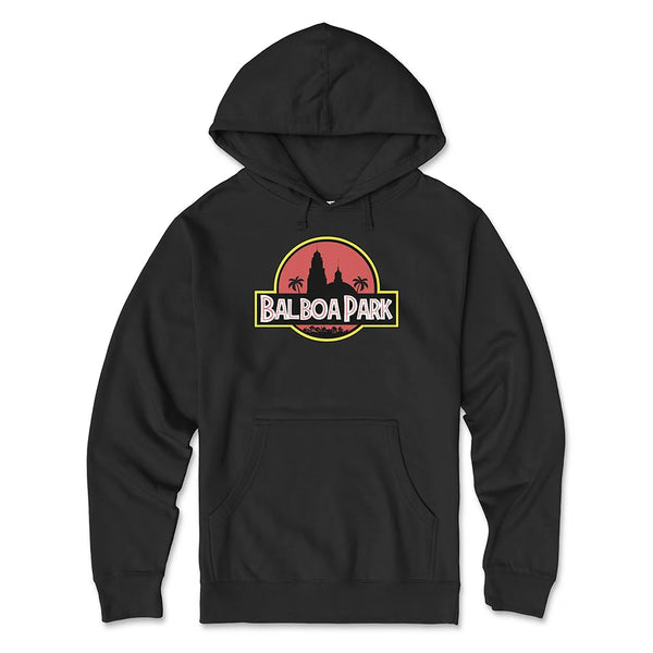 Balboa Park Hoodie Black - Jurassic Park Parody California Tower Sunset Graphic Unisex Pullover Sweatshirt | San Diego Humor