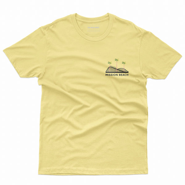 Mission Beach Rollercoaster T-Shirt Banana Cream Front - Giant Dipper Palm Trees Chest Graphic Unisex Tee | San Diego Humor