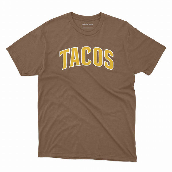 Tacos T-Shirt Heather Brown - Padres Style Gold Lettering Funny San Diego Unisex Tee | San Diego Humor