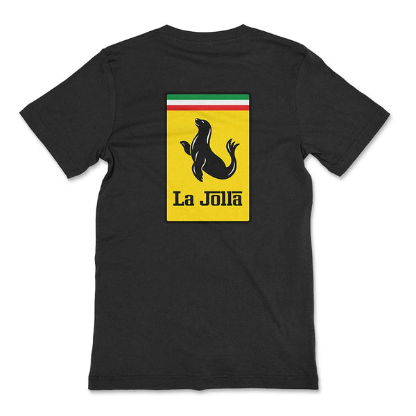 La Jolla Ferrari Logo T-Shirt Black Back - Large Sea Lion Crest Parody Back Graphic Unisex Tee | San Diego Humor
