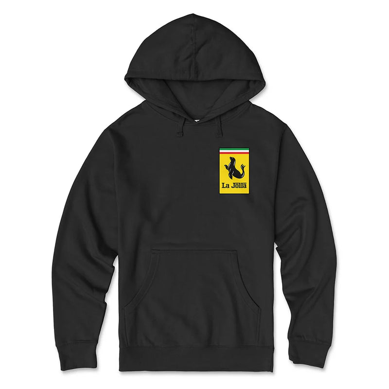 La Jolla Ferrari Logo Parody Hoodie Black Front - Sea Lion Crest Chest Graphic Unisex Pullover | San Diego Humor
