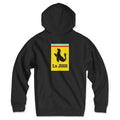 La Jolla Ferrari Logo Parody Hoodie Black Back - Large Sea Lion Crest Graphic Unisex Pullover | San Diego Humor