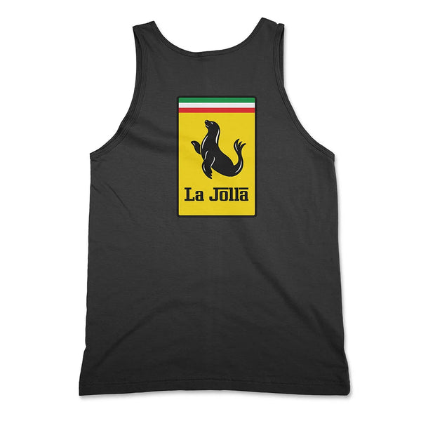 La Jolla Ferrari Logo Parody Tank Top Black Back - Large Sea Lion Crest Graphic Unisex Tank | San Diego Humor