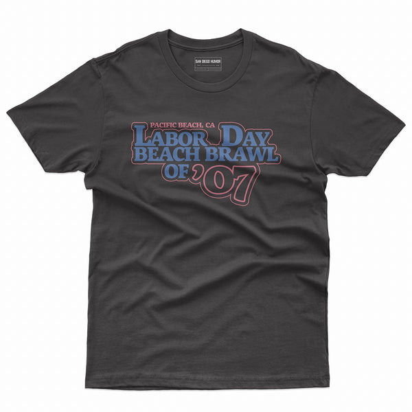 Labor Day Beach Brawl of 2007 T-Shirt Black Front - Pacific Beach CA Retro Red Blue Text Graphic Unisex Tee | San Diego Humor