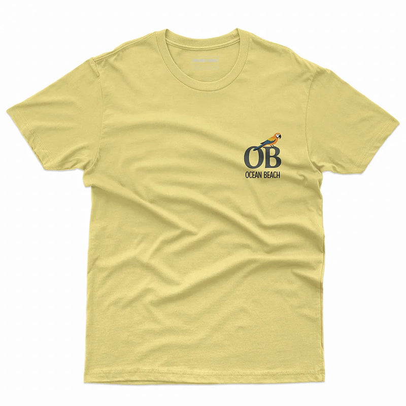 OB Parrot T-Shirt Banana Cream Front - Ocean Beach Parrot Chest Graphic Unisex Tee | San Diego Humor