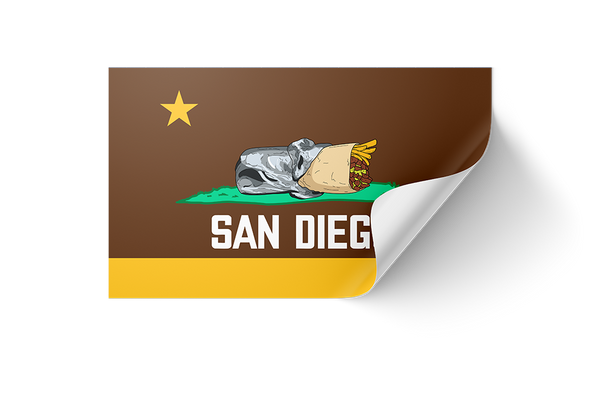 San Diego CA Burrito Flag Padres Colors Bumper Sticker Mockup - Brown Gold Padres Burrito Flag Vinyl Sticker Peeling Corner Angled View Product Image | San Diego Humor