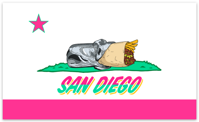San Diego CA Burrito Flag City Connect Bumper Sticker - Padres City Connect Teal Pink California Bear Burrito Flag Parody 5x3 Inch Vinyl Bumper Sticker San Diego Souvenir | San Diego Humor