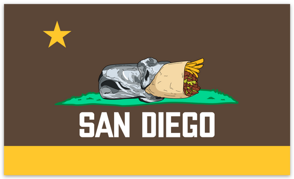 San Diego CA Burrito Flag Padres Colors Bumper Sticker - Brown Gold San Diego Padres California Bear Burrito Flag Parody 5x3 Inch Vinyl Bumper Sticker San Diego Souvenir | San Diego Humor