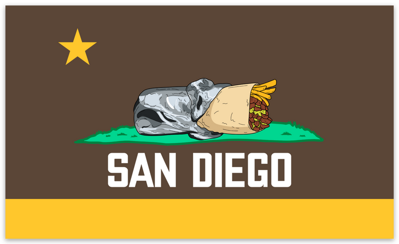 San Diego CA Burrito Flag Padres Colors Bumper Sticker - Brown Gold San Diego Padres California Bear Burrito Flag Parody 5x3 Inch Vinyl Bumper Sticker San Diego Souvenir | San Diego Humor