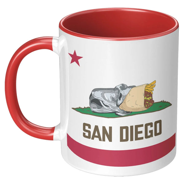 San Diego Burrito Flag Mug 11oz Red Handle Left View - California Burrito Flag Design White Ceramic Coffee Mug | San Diego Humor