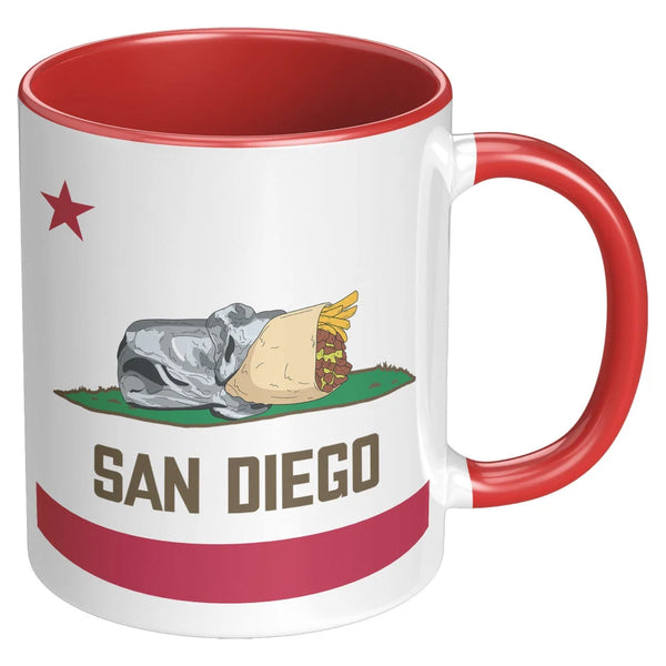San Diego Burrito Flag Mug 11oz Red Handle Right View - California Burrito Flag Design White Ceramic Coffee Mug | San Diego Humor