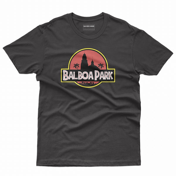 Balboa Park T-Shirt Black Front - Jurassic Park Style California Tower Sunset Logo Graphic Unisex Tee San Diego | San Diego Humor