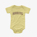 Burritos Baby One Piece Bodysuit Yellow - San Diego Burritos Varsity Text Baby Onesie | San Diego Humor