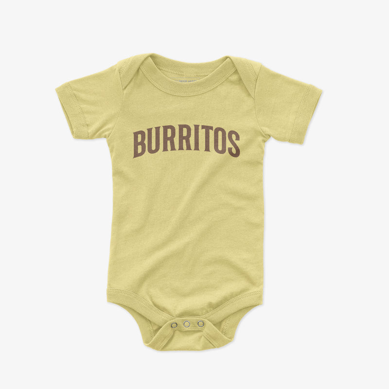 Burritos Baby One Piece Bodysuit Yellow - San Diego Burritos Varsity Text Baby Onesie | San Diego Humor