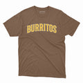 Burritos T-Shirt Heather Brown Front - San Diego Burritos Yellow Varsity Text Graphic Unisex Tee | San Diego Humor