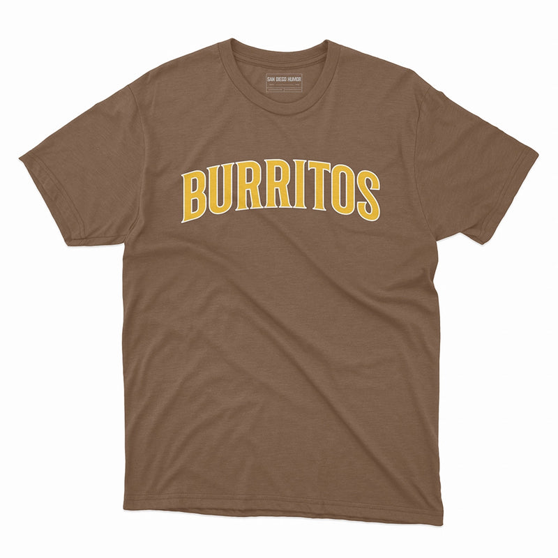 Burritos T-Shirt Heather Brown Front - San Diego Burritos Yellow Varsity Text Graphic Unisex Tee | San Diego Humor
