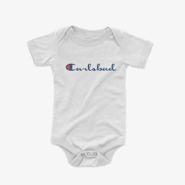 Carlsbad Champion parody baby bodysuit in white