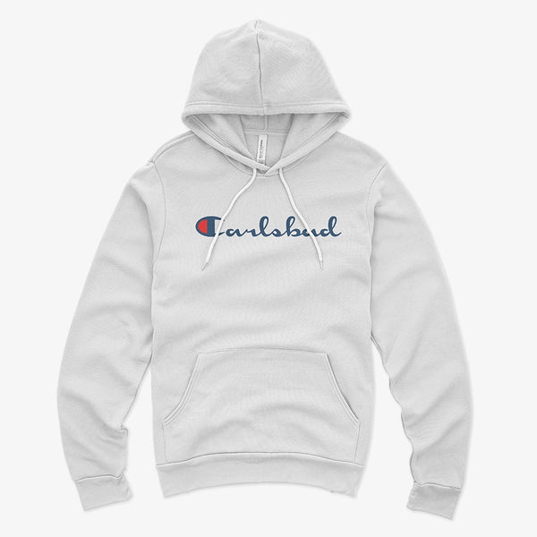 Carlsbad Champion parody hoodie in white