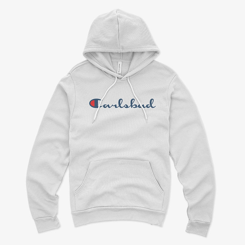Carlsbad Champion parody hoodie in white