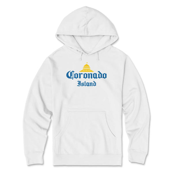 Coronado Island Hoodie White - Hotel Del Coronado Script Graphic Unisex Pullover Sweatshirt | San Diego Humor