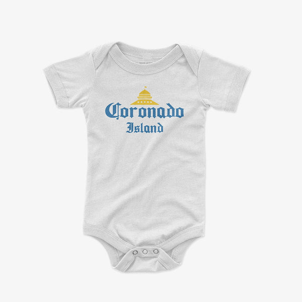 Coronado Island Baby One Piece Bodysuit White - Corona Parody Graphic Baby Onesie | San Diego Humor