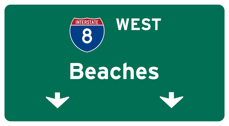 I-8 West Beaches Bumper Sticker - Green Highway Sign Design Interstate 8 Freeway San Diego Beach Exit Vinyl Decal | San Diego Humor
