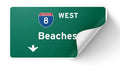 I-8 West Beaches Bumper Sticker Curled Corner View - Green Highway Sign Interstate 8 Freeway San Diego Vinyl Decal | San Diego Humor