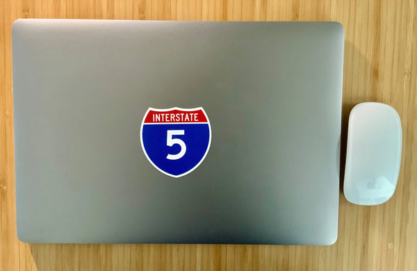Interstate I-5 Sticker on MacBook Laptop - Lifestyle Photo Highway Sign Vinyl Decal | San Diego Humor