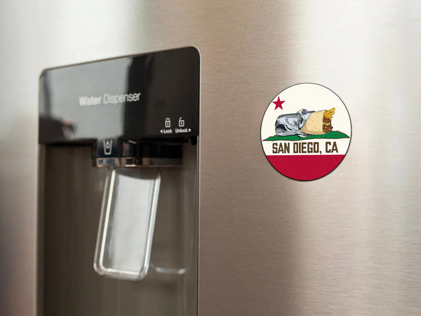 San Diego CA Burrito Flag Round Magnet on Refrigerator - California Bear Burrito Flag Parody 3-Inch Circle Fridge Magnet Lifestyle Photo San Diego Souvenir | San Diego Humor