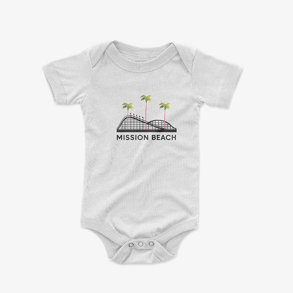 Mission Beach Baby Onesie White - Giant Dipper Rollercoaster Graphic Infant Bodysuit | San Diego Humor