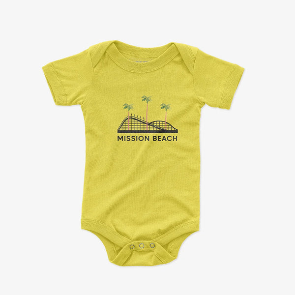 Mission Beach Baby Onesie Yellow - Giant Dipper Rollercoaster Graphic Infant Bodysuit | San Diego Humor