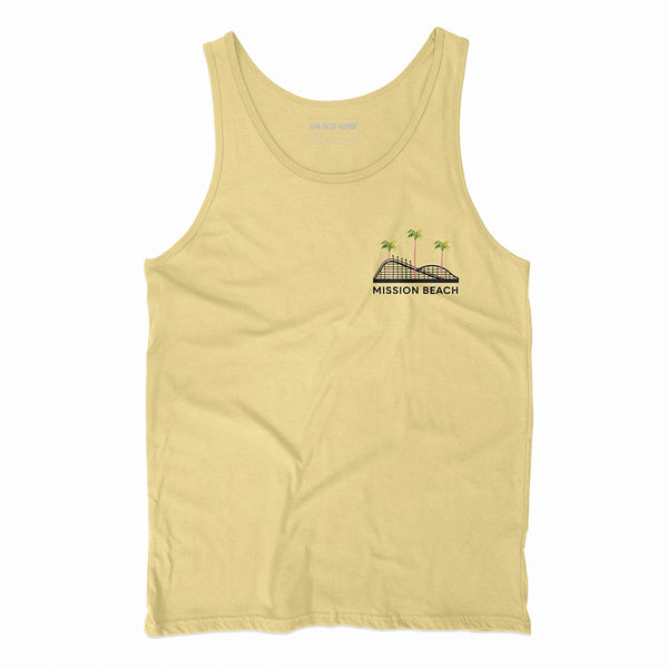 Mission Beach Tank Top Yellow Front - Giant Dipper Rollercoaster Palm Trees Graphic Unisex Tank | San Diego Humor