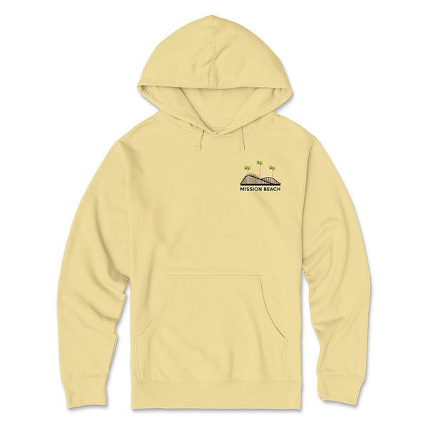 Mission Beach Hoodie Light Yellow Front - Giant Dipper Rollercoaster Chest Graphic Unisex Pullover Sweatshirt | San Diego Humor