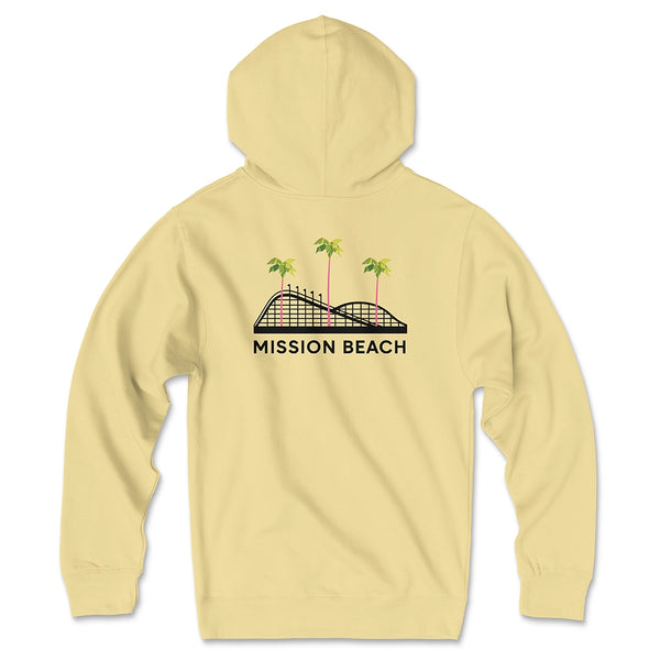 Mission Beach Hoodie Light Yellow Back - Giant Dipper Rollercoaster Palm Trees Large Back Graphic Unisex Pullover | San Diego Humor