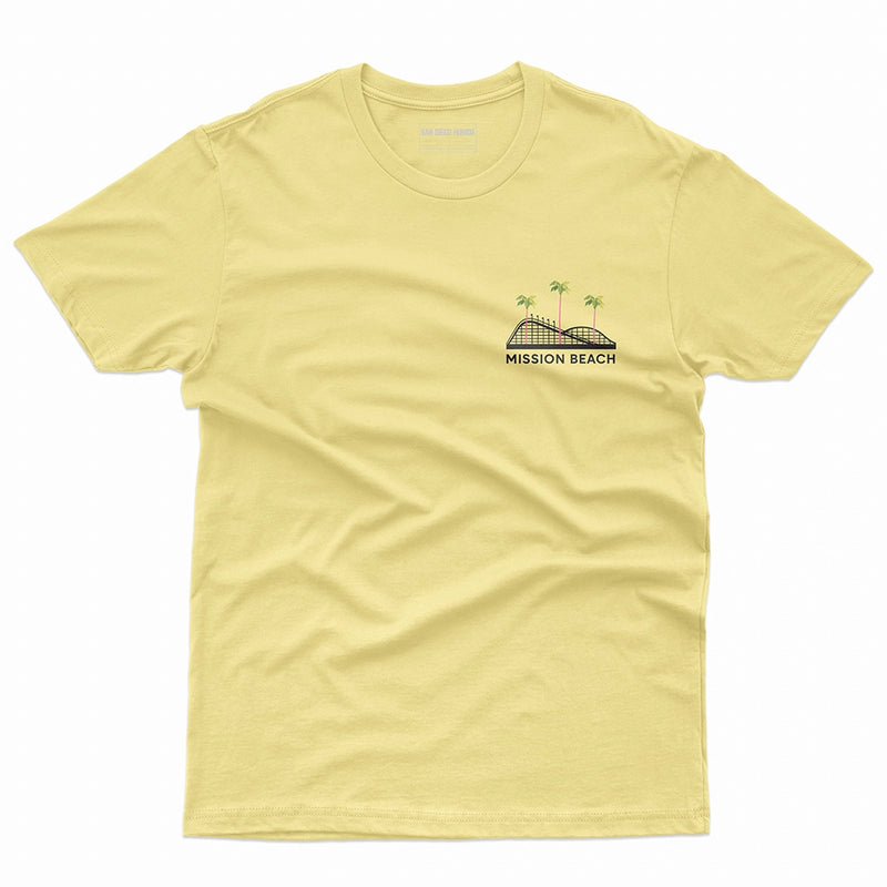 Mission Beach Rollercoaster T-Shirt Banana Cream Front - Giant Dipper Palm Trees Chest Graphic Unisex Tee | San Diego Humor