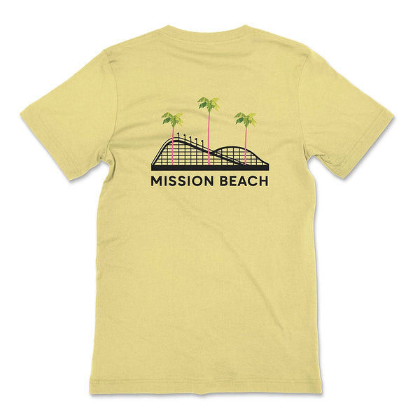 Mission Beach Rollercoaster T-Shirt Banana Cream Back - Giant Dipper Palm Trees Large Back Graphic Unisex Tee | San Diego Humor