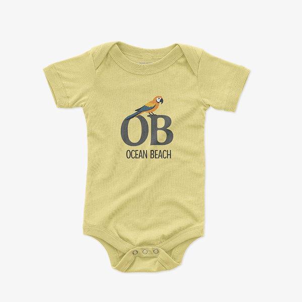 Ocean Beach parrot baby bodysuit in yellow