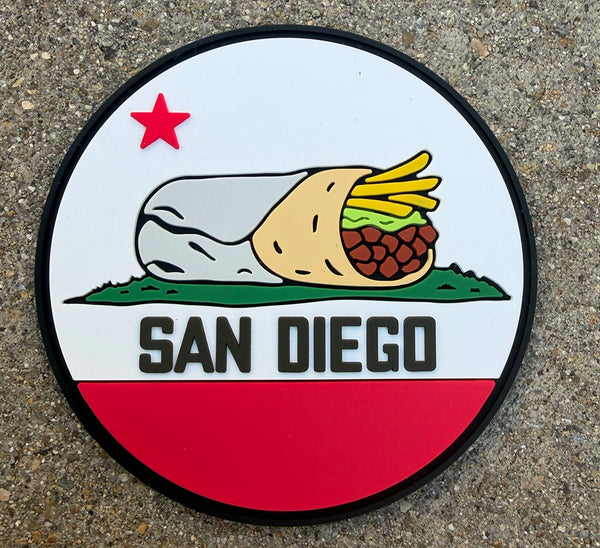 San Diego Burrito Flag PVC Patch Close-Up Detail - California Bear Burrito Flag Parody 3-Inch Round Rubber Velcro Sew-On Tactical Patch San Diego | San Diego HumorSan Diego Burrito Flag PVC Patch Close-Up - 3-Inch Round Sew-On Patch Detail | San Diego Humor