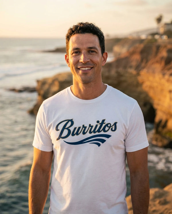 Person wearing Burritos Throwback Padres Logo T-Shirt at Sunset Cliffs in San Diego