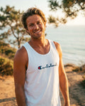 Man wearing Carlsbad Champion parody Tank Top at Torrey Pines in San Diego