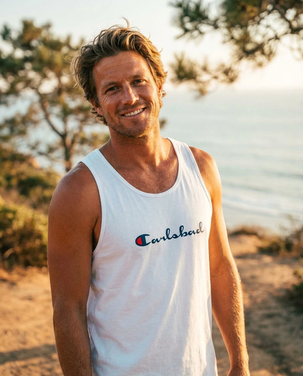 Man wearing Carlsbad Champion parody Tank Top at Torrey Pines in San Diego