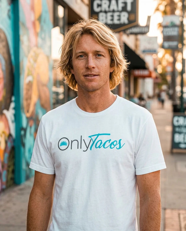 Person wearing Only Tacos T-Shirt (White) in North Park San Diego