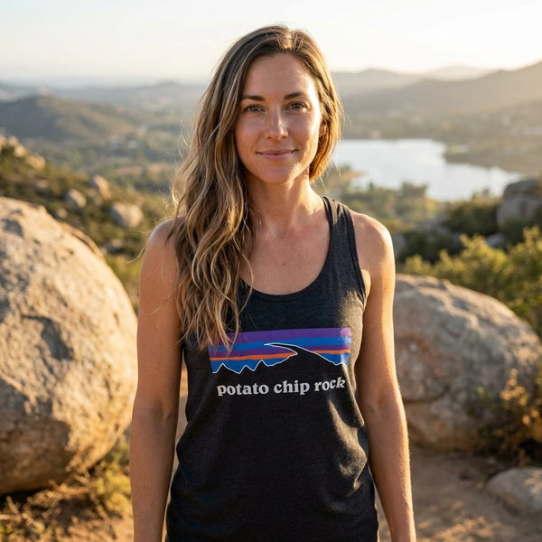 Person wearing Potato Chip Rock Tank Top on Mt. Woodson trail in San Diego