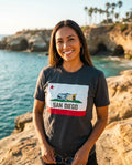 Person wearing San Diego Burrito Flag T-Shirt at La Jolla Cove in San Diego