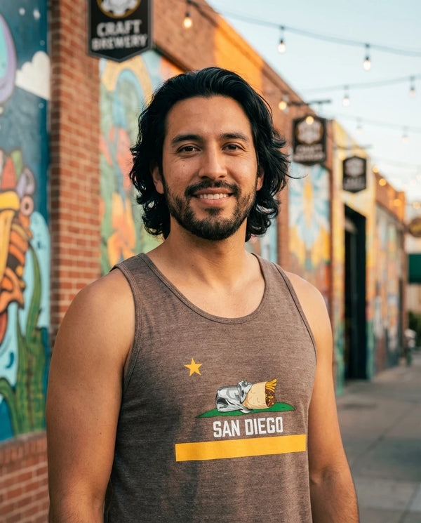 Person wearing San Diego Burrito Flag Tank Top in North Park San Diego