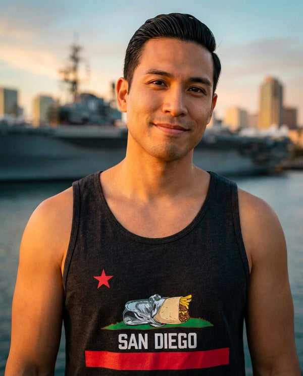 Person wearing San Diego Burrito Flag Tank Top at Embarcadero waterfront in San Diego