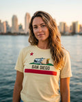 Person wearing San Diego Burrito T-Shirt at Coronado Ferry Landing in San Diego