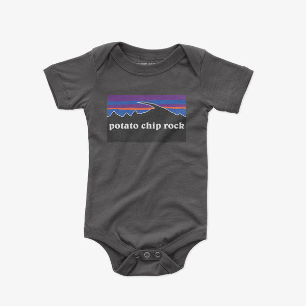 Potato Chip Rock Baby One Piece Suit Dark Heather - Colorful Mountain Graphic Patagonia Parody Onesie | San Diego Humor